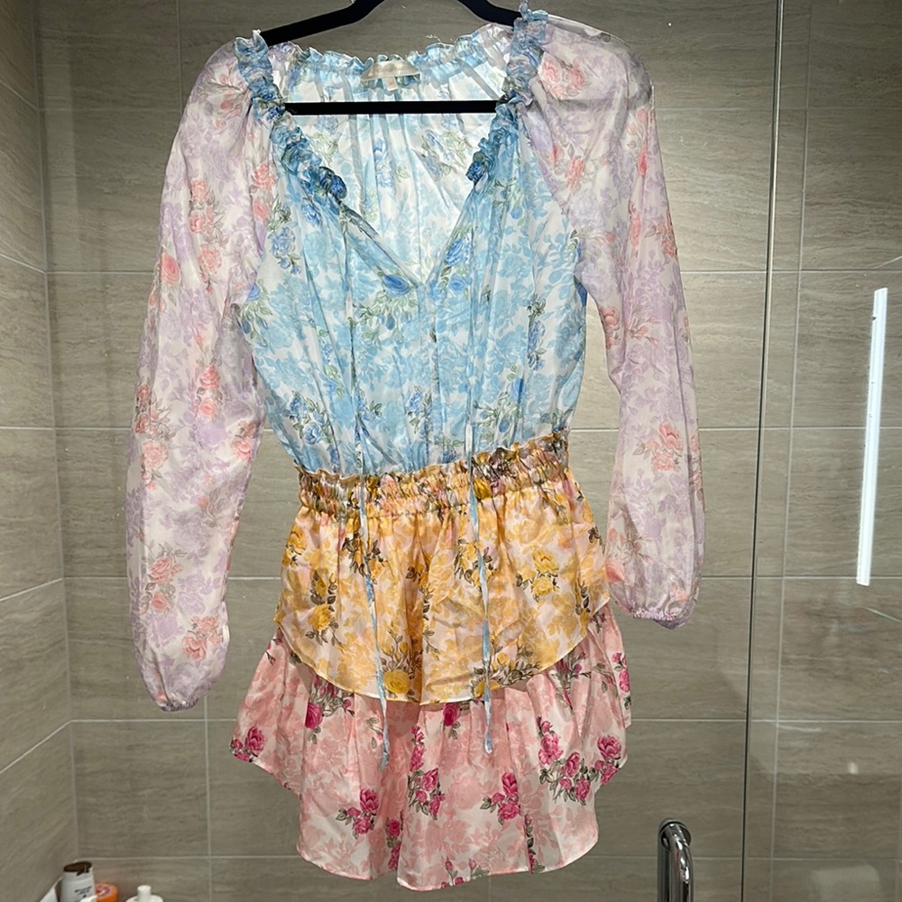 LoveShackFancy Pastel Floral Tiered Mini Dress in Blue, Pink, Yellow